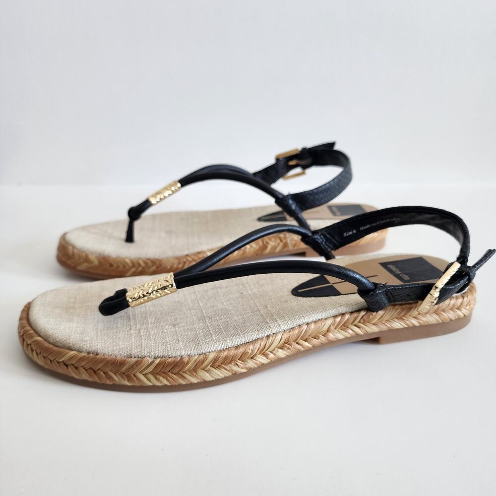 Dolce Vita Meryl Sandals Black & Tan w Gold Tone Hardware & Raffia Detail Size 8